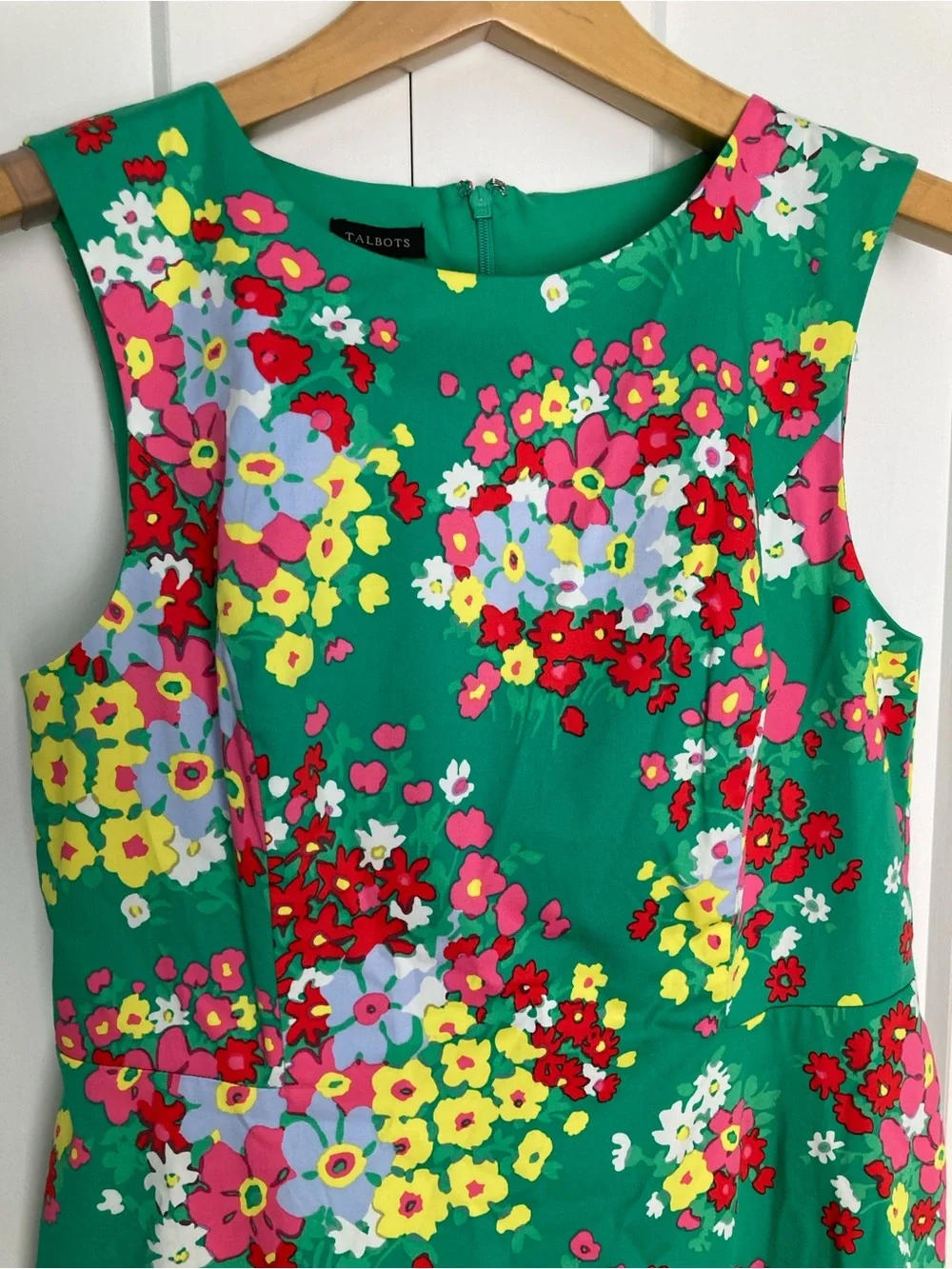 Talbots Green Floral Dress with Bright Multicolor Bloom Print and Ruffle Hem